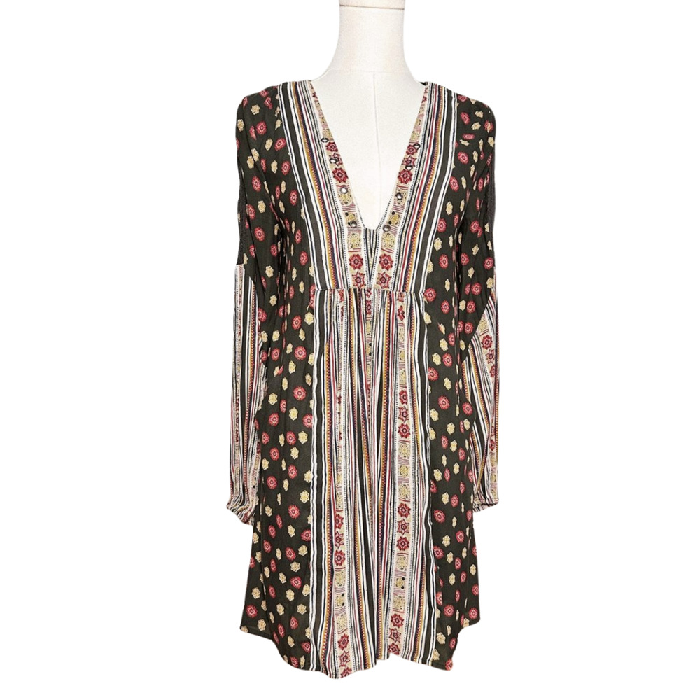 Free People Deep V Neck Tunic Mini Dress Gray Olive Green White Small